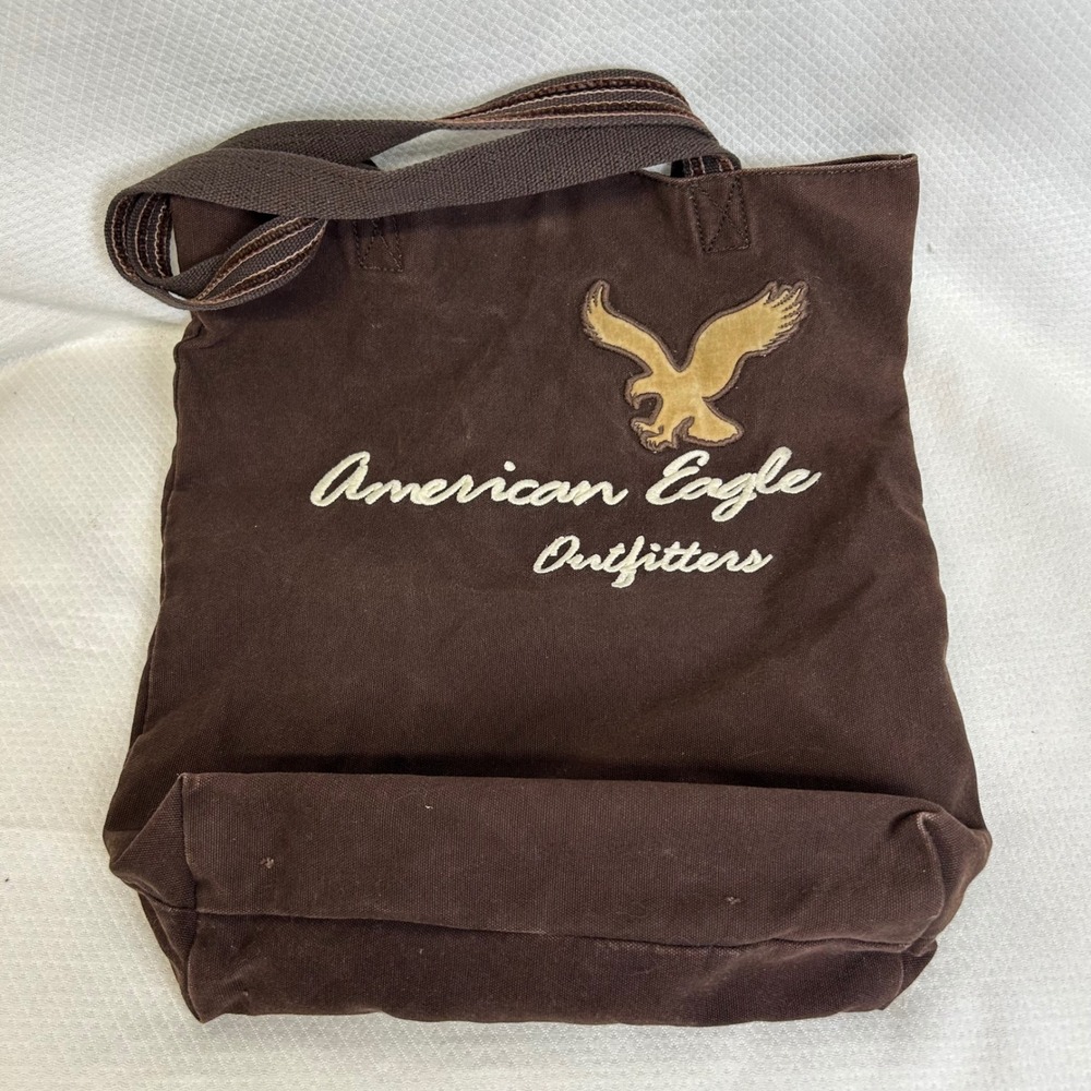 Vintage American Eagle Outfitters Brown Canvas Tote Bag Embroidered Eagle Logo